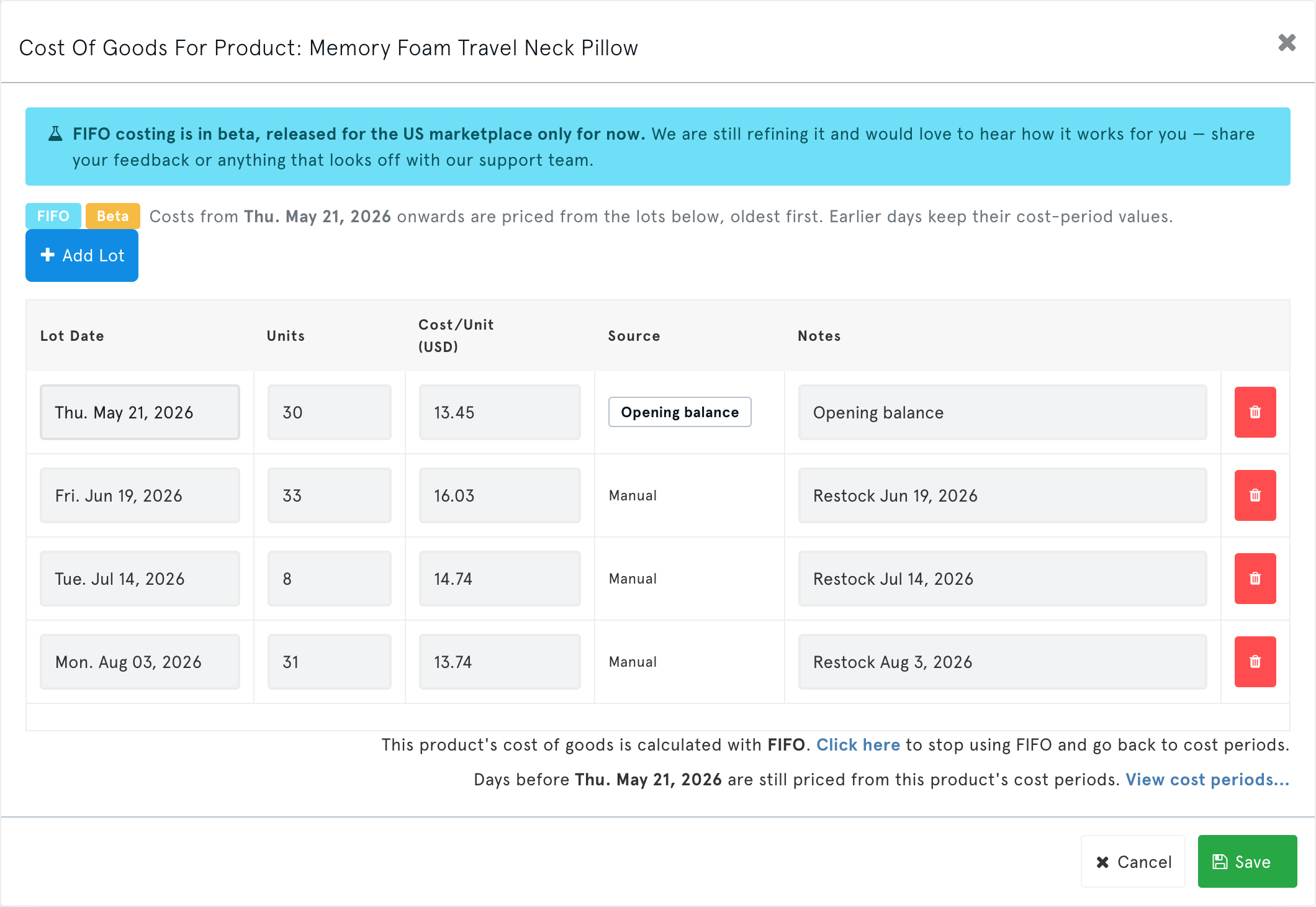The FIFO lot editor showing an opening-balance lot followed by three manually added purchase lots