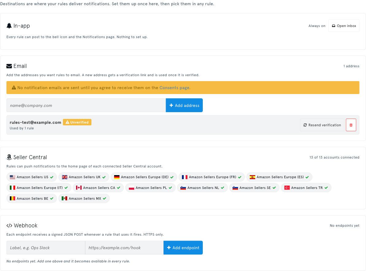 The Destinations tab with In-app, Email, Seller Central and Webhook sections