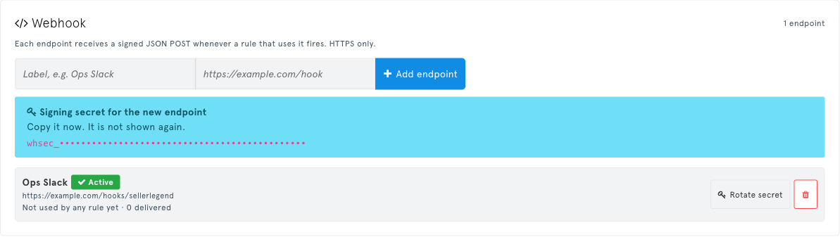 The Webhook section of the Destinations tab after adding an endpoint, with the one-time signing secret notice