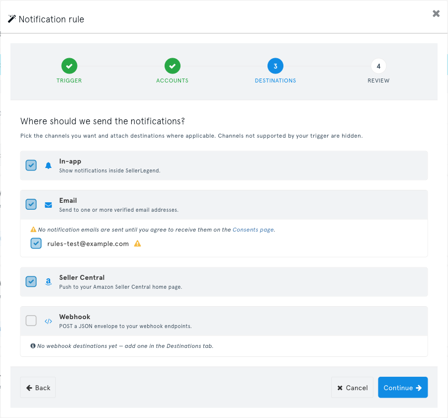Step 3 of the rule wizard, with In-app, Email and Seller Central ticked for a Listing Changes rule
